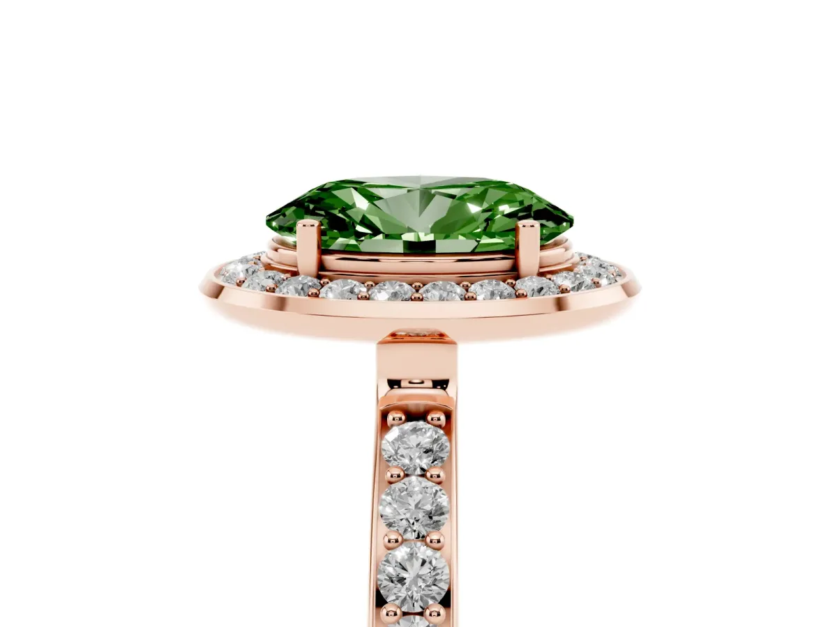 Fancy Green Oval Cut Diamond Halo Ring with Bezel Frame and Pavé Band Rose gold