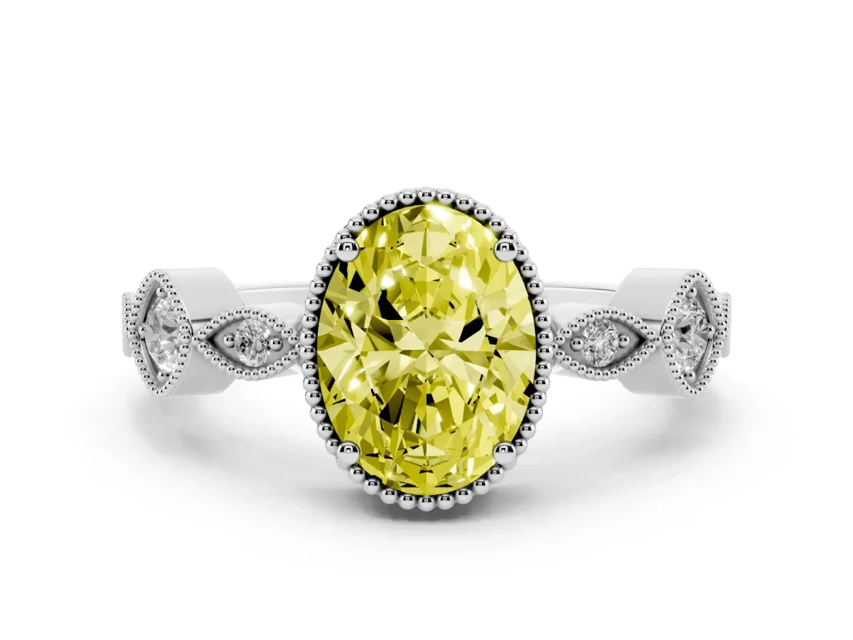 Fancy Yellow Oval Cut Diamond Vintage Milgrain Ring with Round Stations Silver