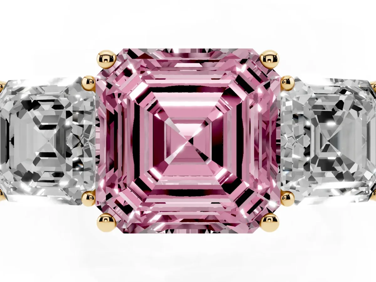 Fancy Pink Three-Stone Asscher Cut Cut Diamond Engagement Ring with Flat Band and Four-Prong Setting Yellow gold