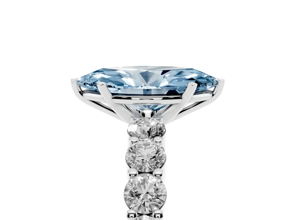 Fancy Blue Marquise Cut Diamond Solitaire Ring with Shared Prong Round Side Stones Platinum