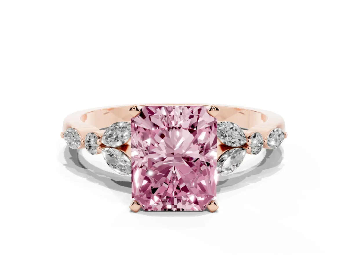 Fancy Pink Radiant Cut Diamond Solitaire Ring with Side Stones and Four-Prong Setting Rose gold