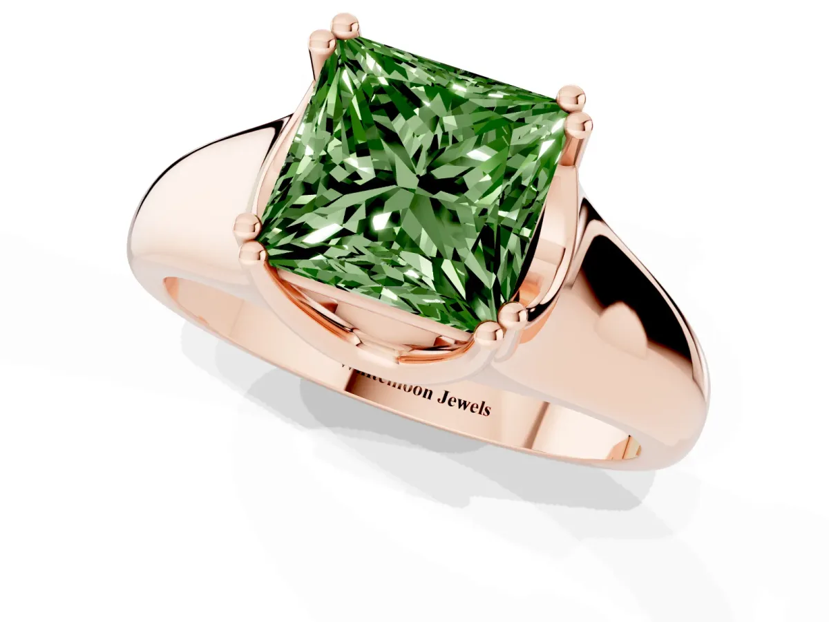 Fancy Green Princess Cut Diamond Solitaire Ring with Wide Band and Prong Setting Rose gold
