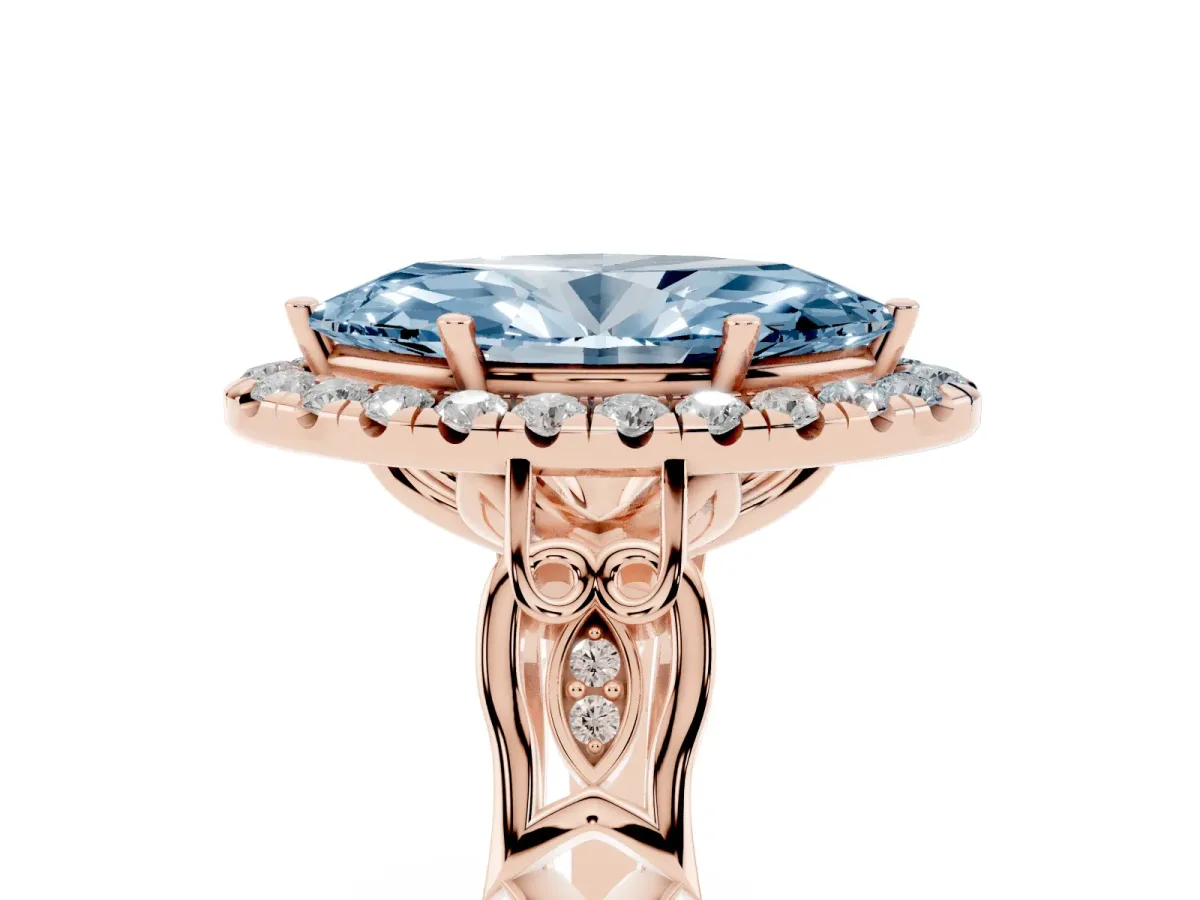Fancy Blue Marquise Cut Halo Diamond Engagement Ring with Filigree Band and Four-Prong Setting Rose gold