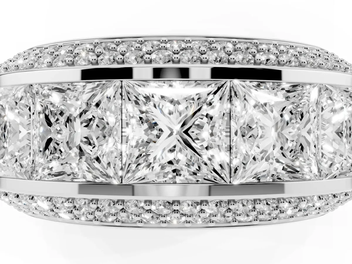 Princess Diamond Pavé Mens Wedding Band with Round Diamond Accents White gold