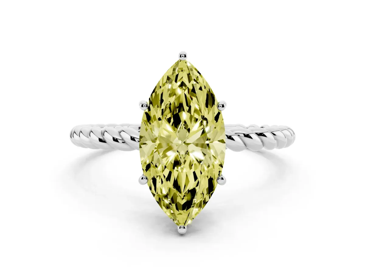 Fancy Yellow Marquise Cut Solitaire Twist Band Ring with Four-Prong Setting Platinum
