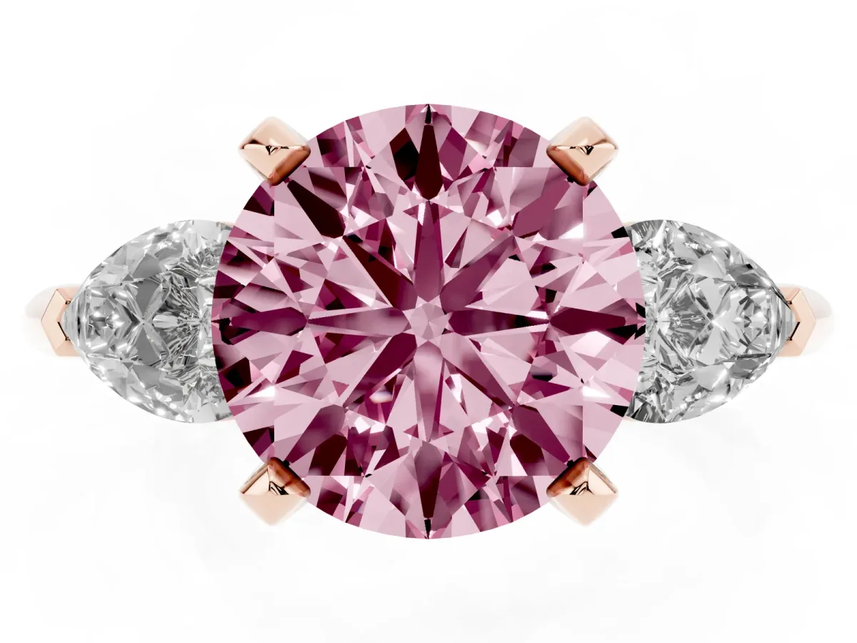 Fancy Pink Three-Stone Round Cut Diamond Ring with Pear Side Stones and Four-Prong Setting Rose gold