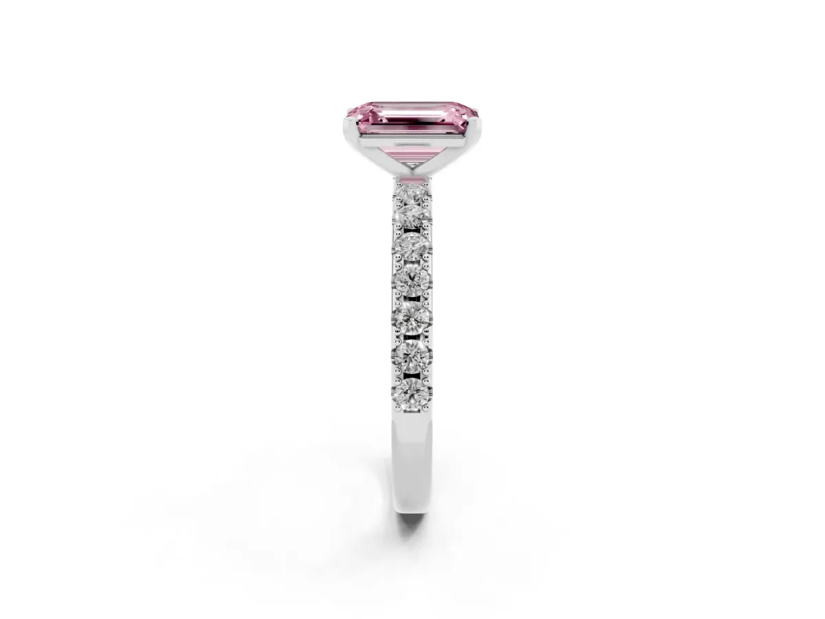 Fancy Pink Emerald Cut Diamond Solitaire Pavé Band with Four-Prong Setting Platinum