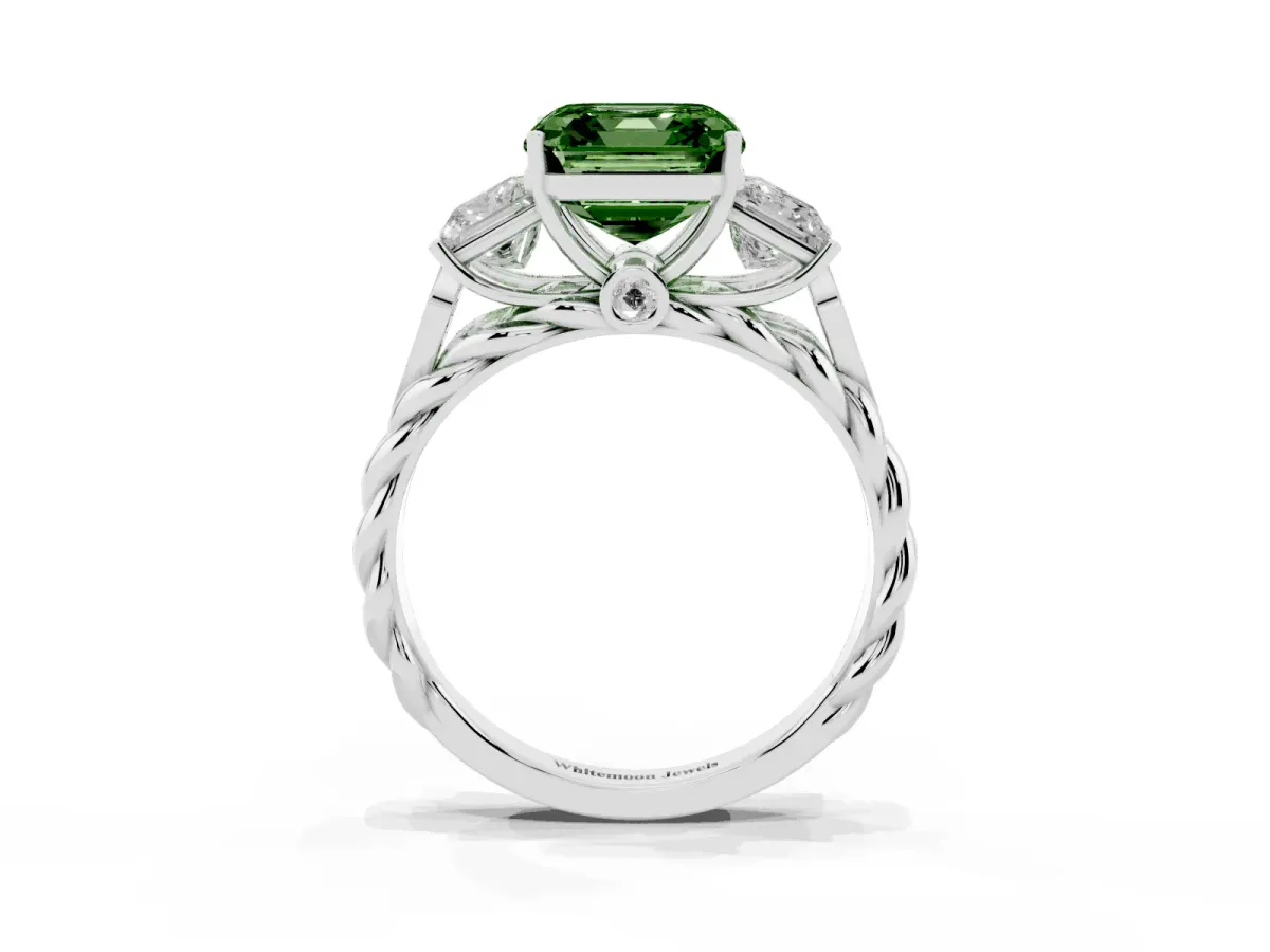 Fancy Green Three-Stone Asscher Cut Diamond Braided Band Ring with Four-Prong Setting Platinum