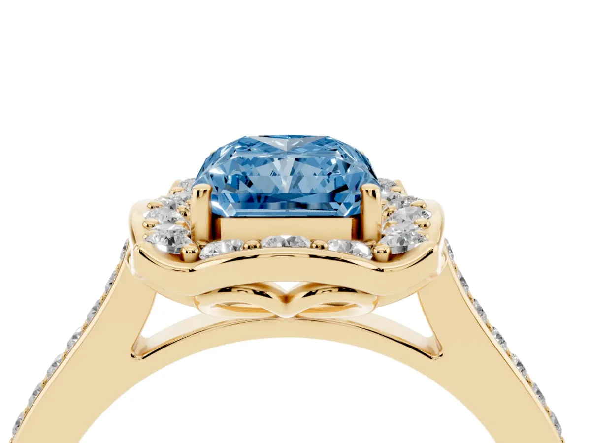 Fancy Blue Radiant Cut Halo Round Diamond Pave Band with Four-Prong Setting Yellow gold