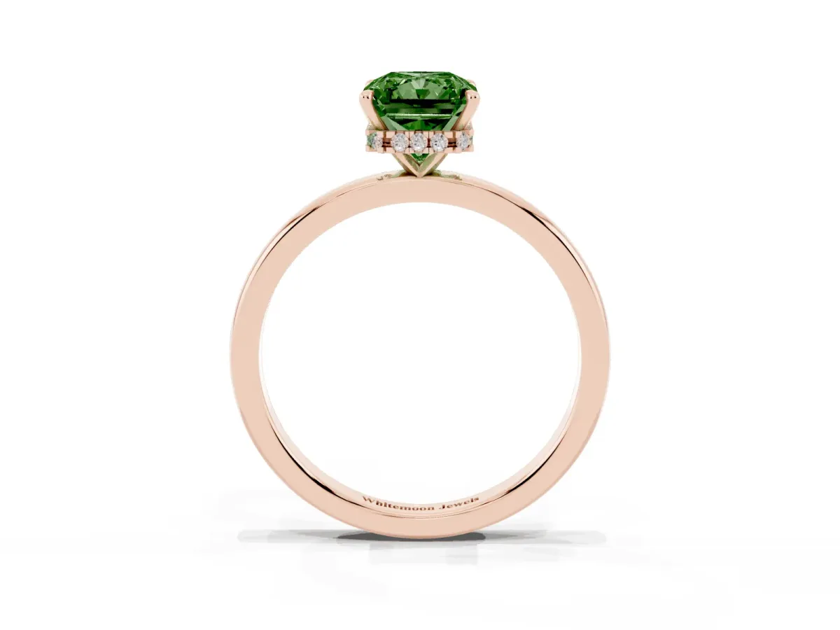 Fancy Green Radiant Cut Solitaire Engagement Ring with Cathedral Band and Four-Prong Setting Rose gold