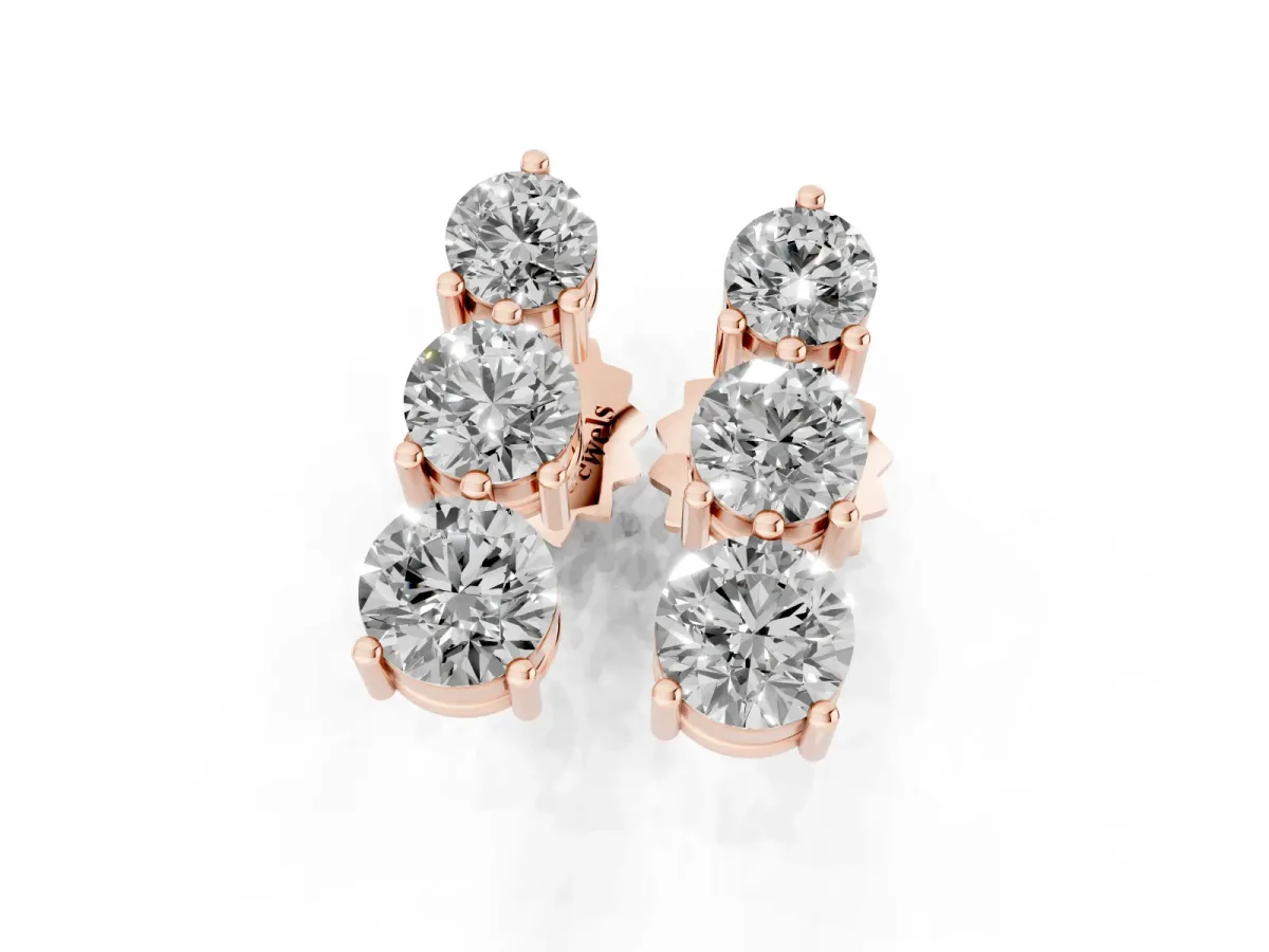 Three-Stone Round Diamond Prong-Set Drop Earrings Rose gold