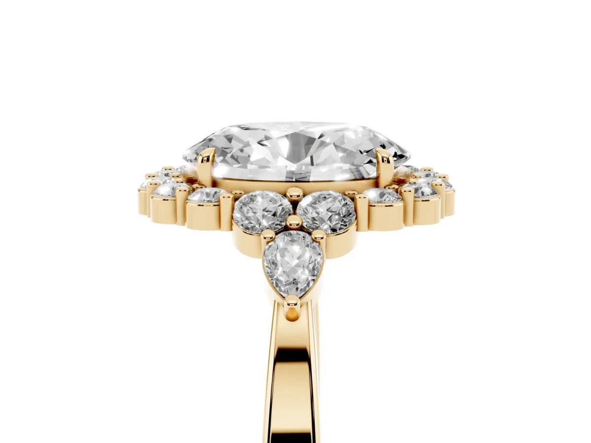 Oval Cut Diamond Halo Ring with Pear Side Stones and Prong Setting Yellow gold