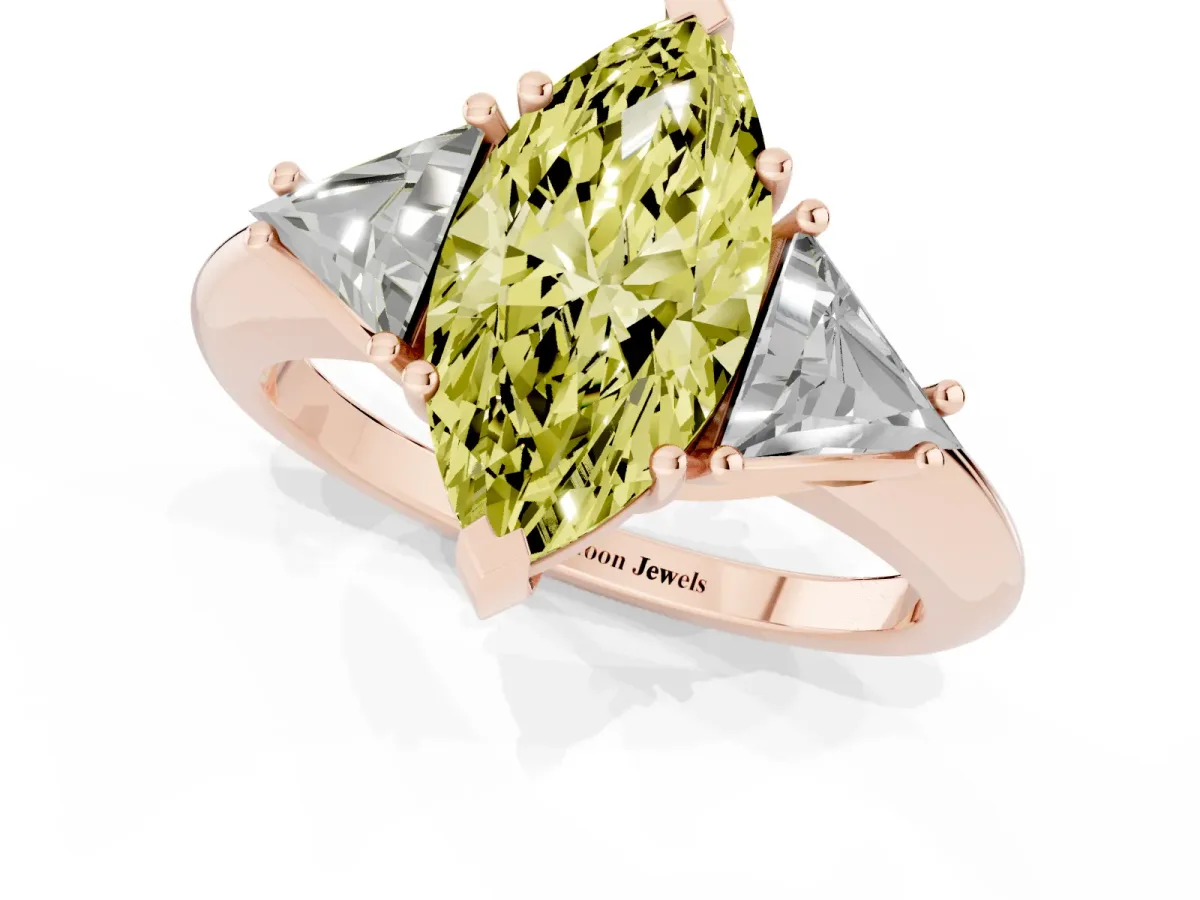 Fancy Yellow Three-Stone Marquise Cut Diamond Engagement Ring with Trillion Side Stones and Prong Setting Rose gold