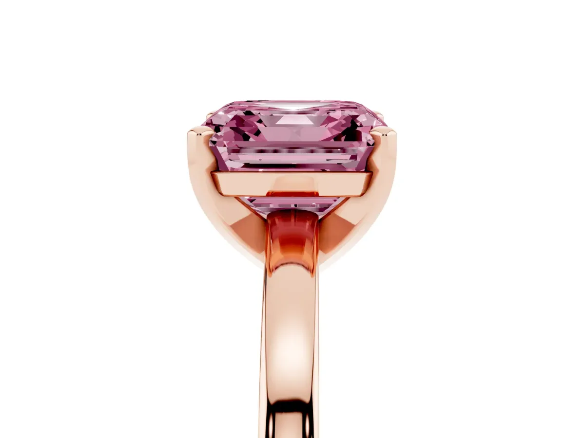Fancy Pink Asscher Cut Solitaire Diamond Engagement Ring with Four-Prong Setting on a Classic Band Rose gold