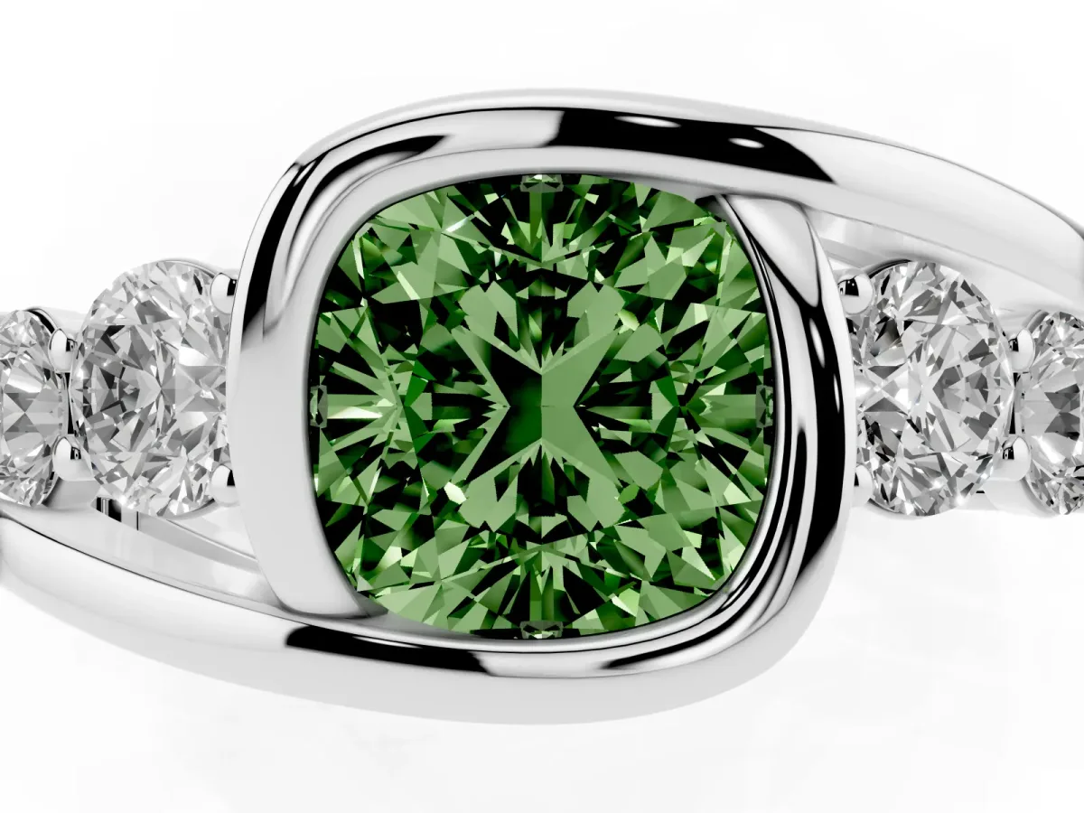 Fancy Green Bezel Set Cushion Cut Diamond Bypass Ring with Round Accents Platinum