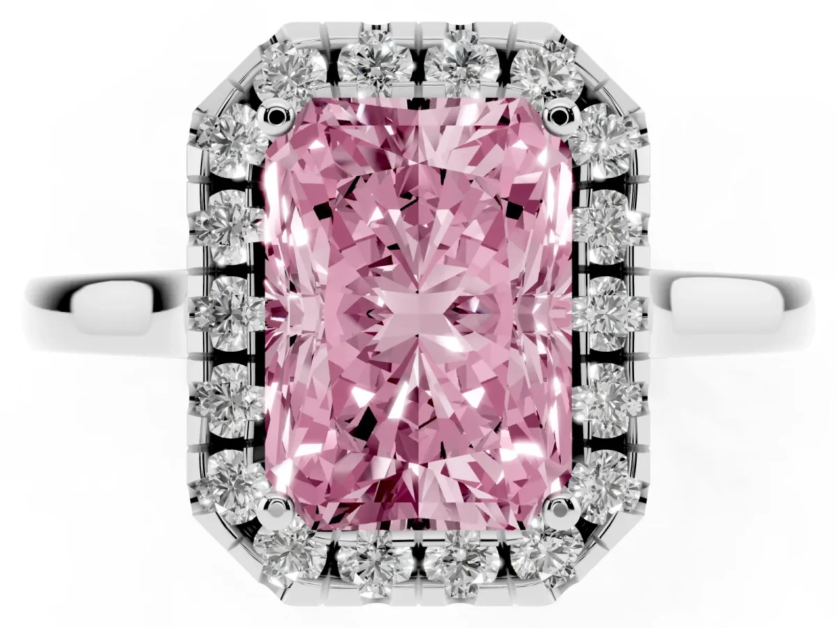 Fancy Pink Radiant Cut Halo Round Diamond Solitaire Ring with Pavé Band and Four-Prong Setting Silver