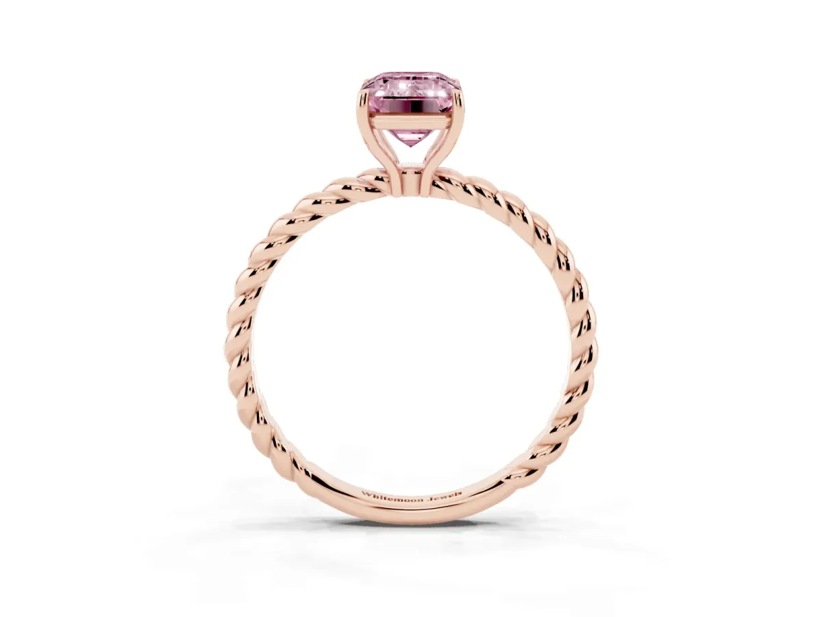 Fancy Pink Emerald Cut Solitaire Twisted Band 4-Prong Ring Rose gold