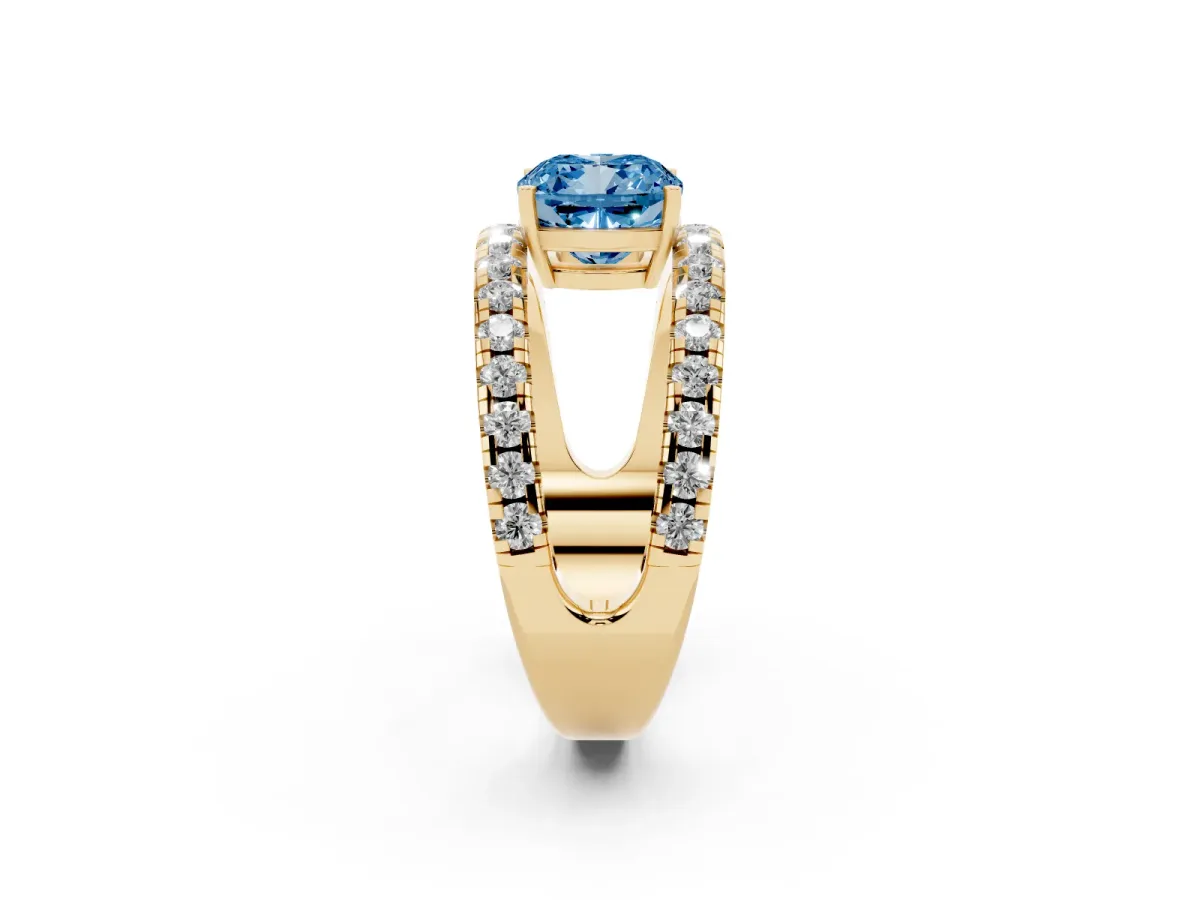 Fancy Blue Cushion Cut Solitaire Split Shank Pave Diamond Ring Yellow gold