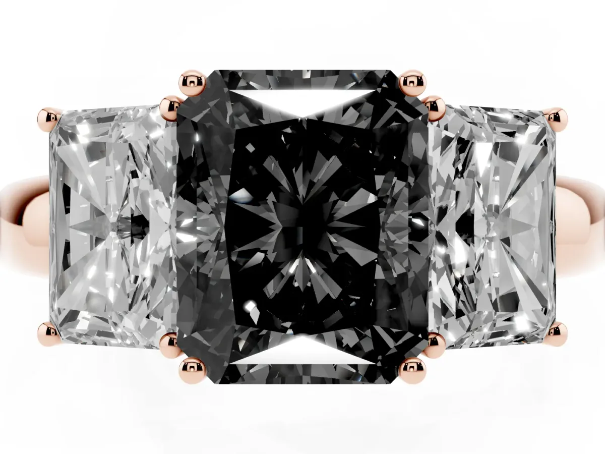 Fancy Black Radiant Cut Diamond Three-Stone Ring with Four-Prong Setting and Classic Band Rose gold