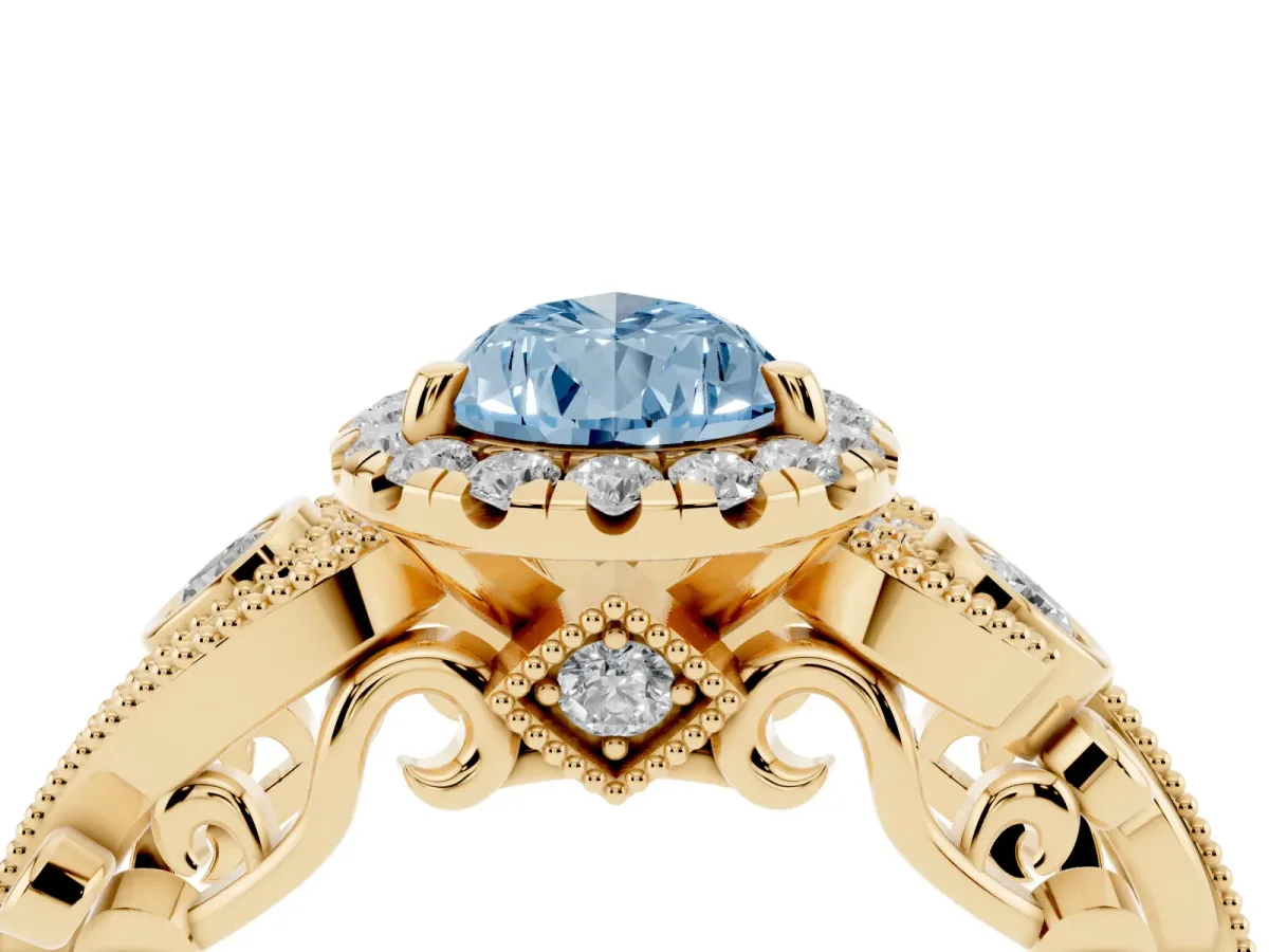 Fancy Blue Pear Cut Diamond Halo Ring with Milgrain Pavé Band and Four-Prong Setting Yellow gold