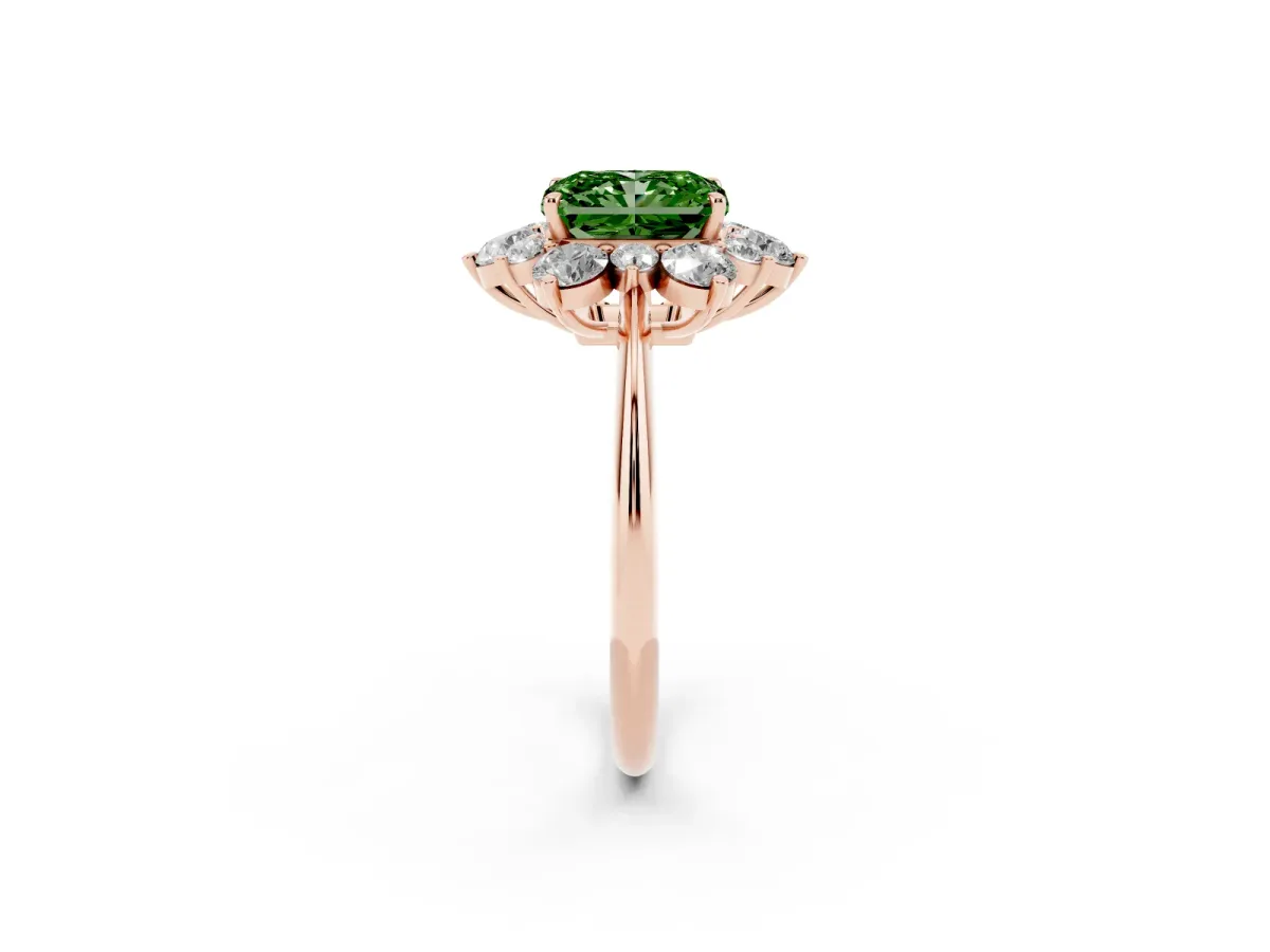 Fancy Green Radiant Cut Diamond Cluster Halo Ring with Solitaire Band and Four-Prong Setting Rose gold