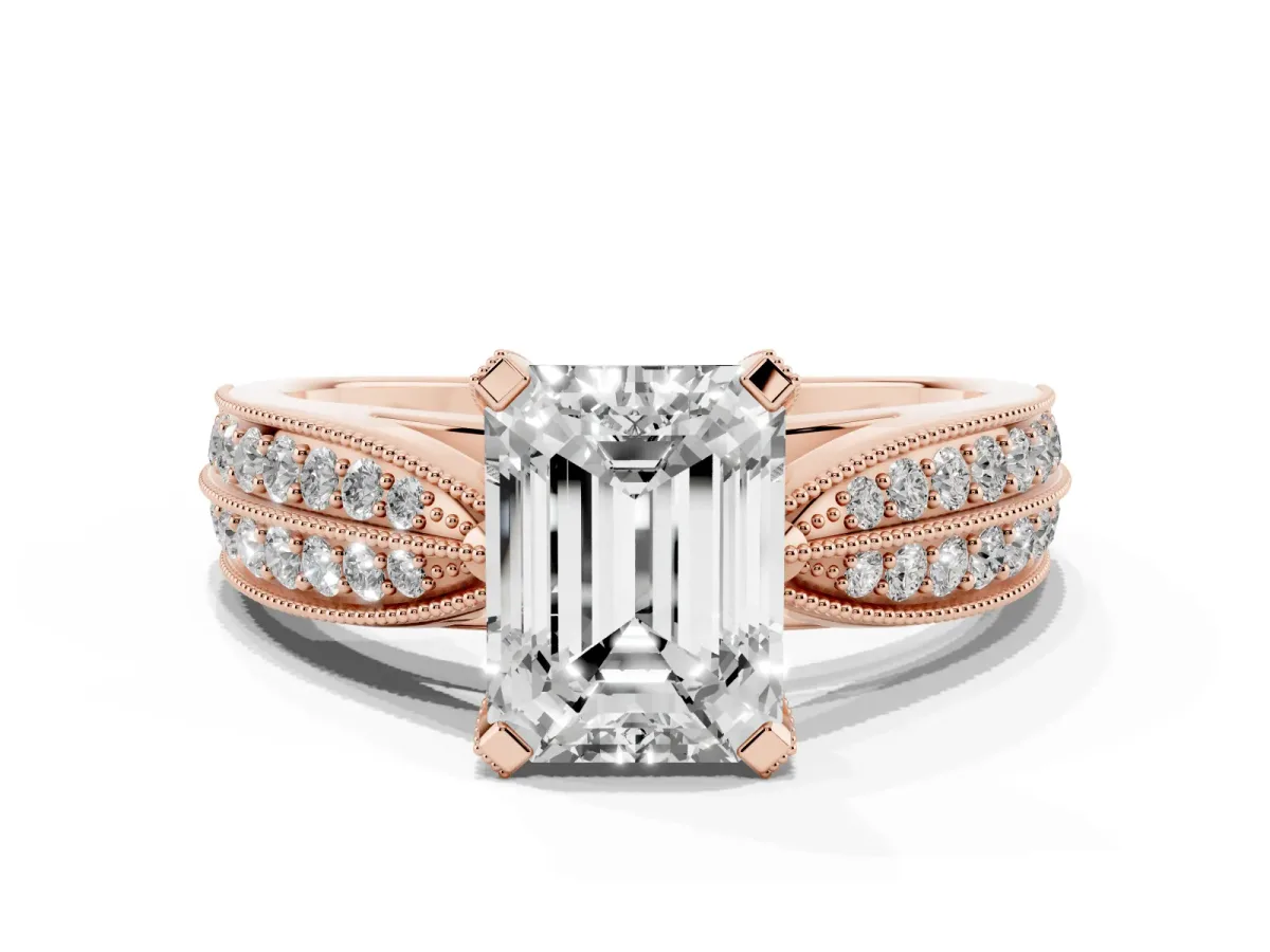 Emerald Cut Diamond Solitaire Ring with Milgrain Round Pavé Band and Prong Setting Rose gold