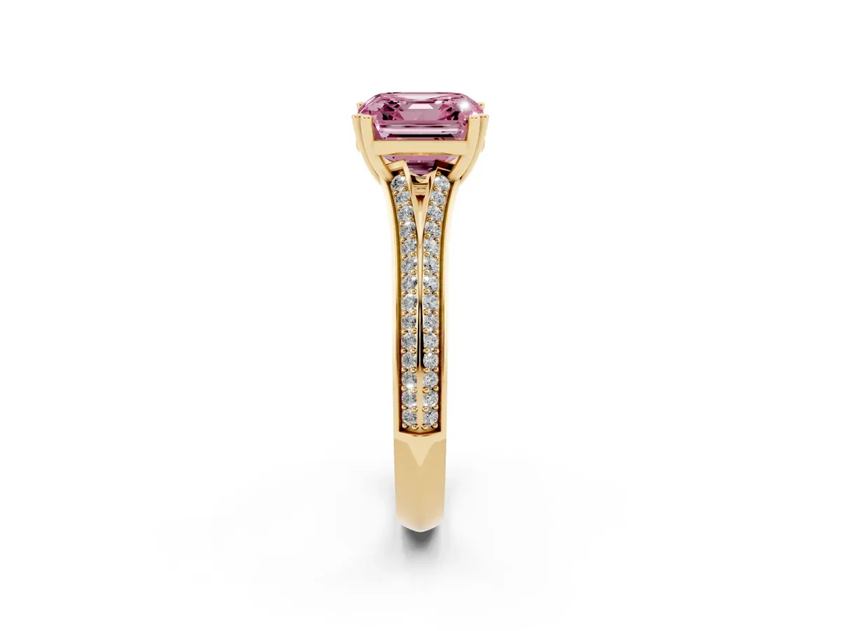 Fancy Pink Asscher Cut Diamond Split Shank Engagement Ring with Pavé Band Yellow gold