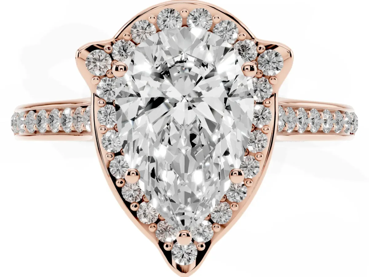 Pear Cut Halo Round Diamond Pave Band with Four-Prong Setting Rose gold