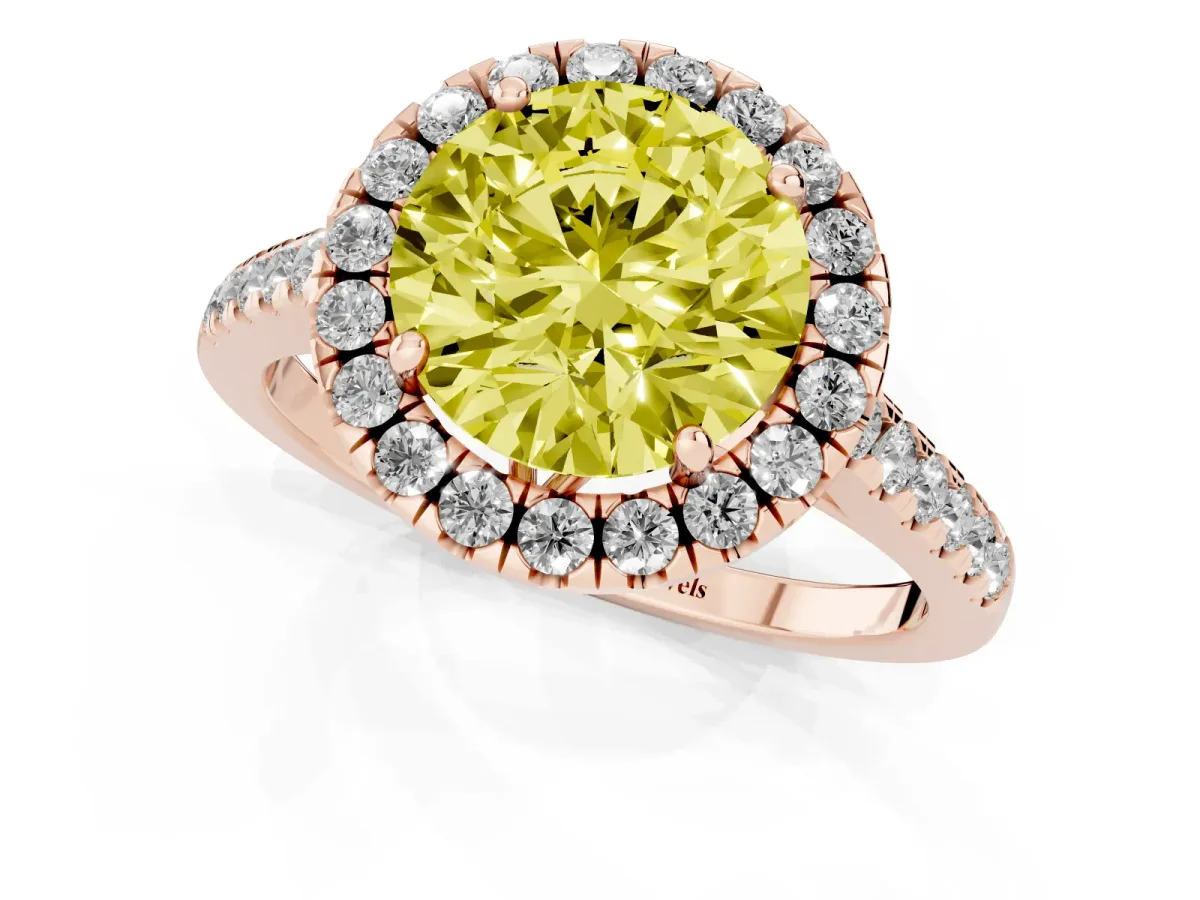 Fancy Yellow Round Cut Halo Pavé Diamond Engagement Ring with Four-Prong Setting Rose gold