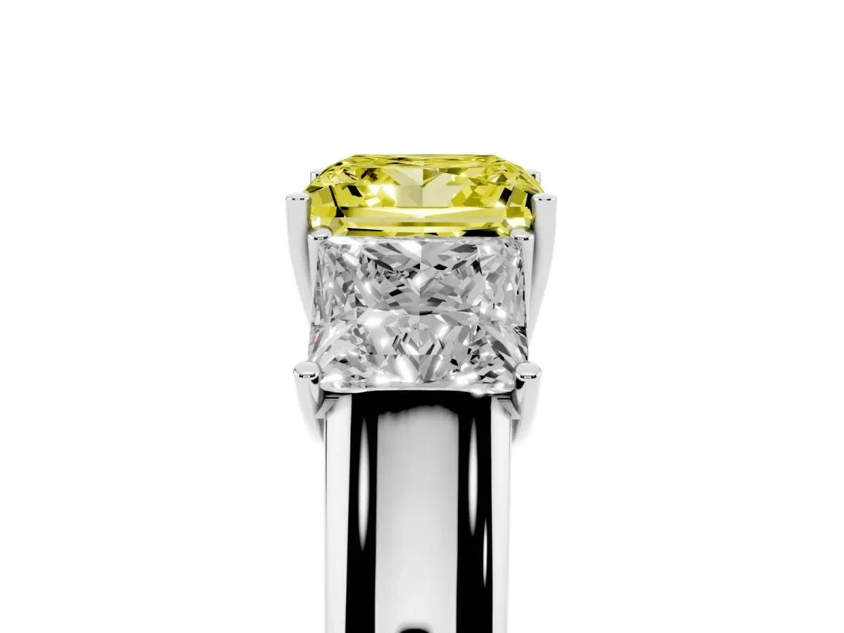 Fancy Yellow Three-Stone Princess Cut Cut Diamond Ring with Prong Setting and Classic Band Silver