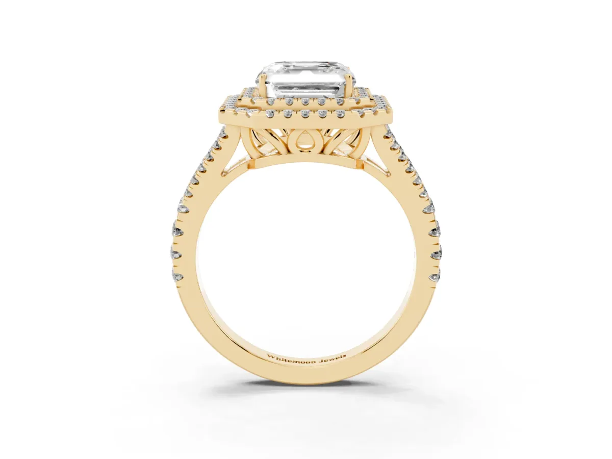 Asscher Cut Diamond Double Halo Ring with Pavé Band and Prong Setting Yellow gold