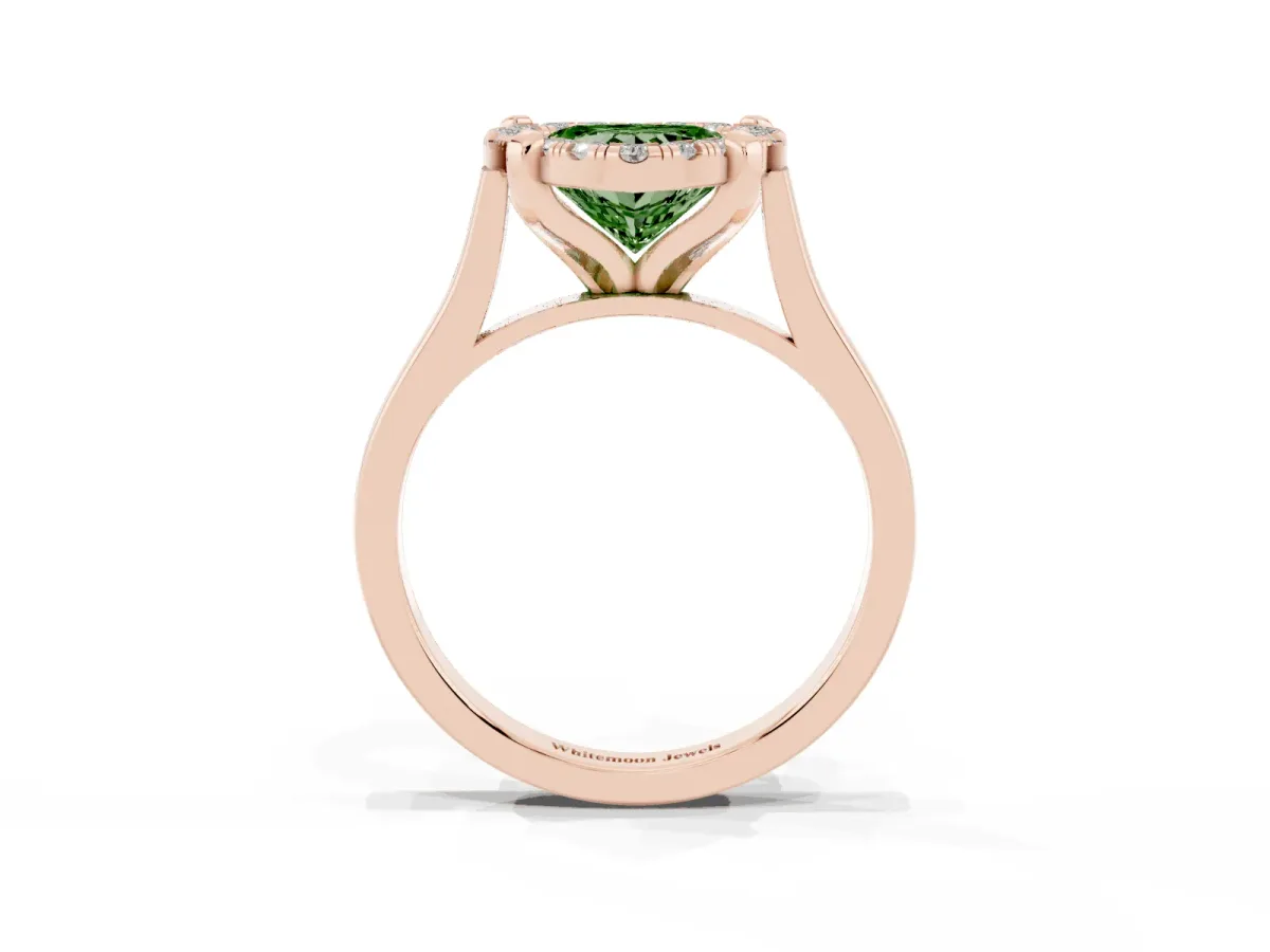 Fancy Green Heart Cut Diamond Cluster Halo Solitaire with Four-Prong Setting Rose gold