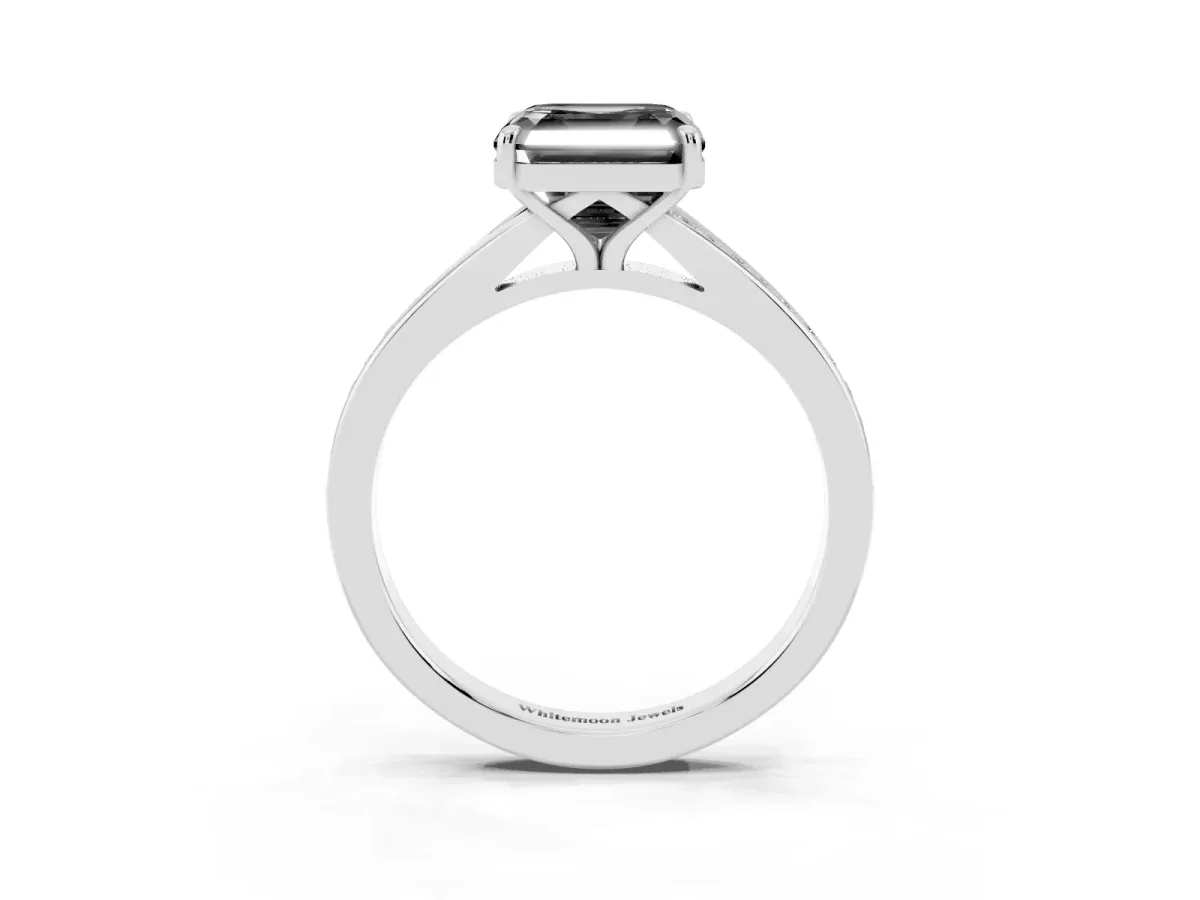 Fancy Black Asscher Cut Diamond Solitaire Ring with Pavé Band and Prong Setting Silver
