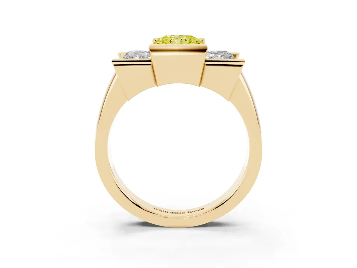 Fancy Yellow Three Stone Radiant Cut Cut Channel Set Diamond Ring Yellow gold