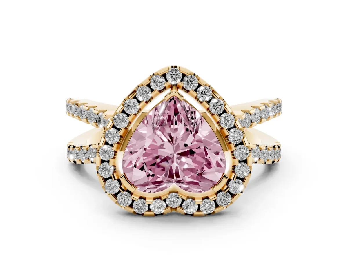 Fancy Pink Heart Cut Diamond Halo Ring with Split Shank Pavé Band and Prong Setting Yellow gold