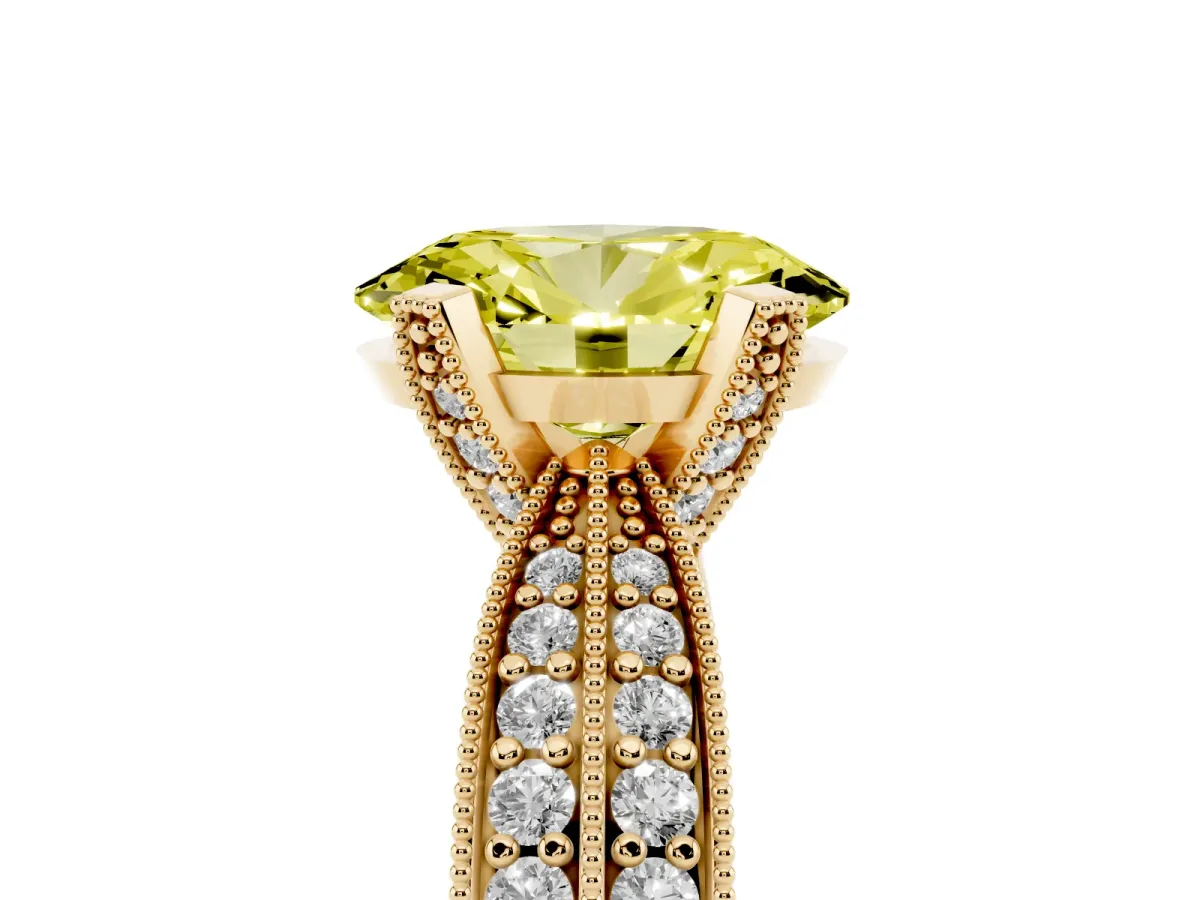 Fancy Yellow Oval Cut Diamond Solitaire Ring with Milgrain Round Pavé Band and Prong Setting Yellow gold