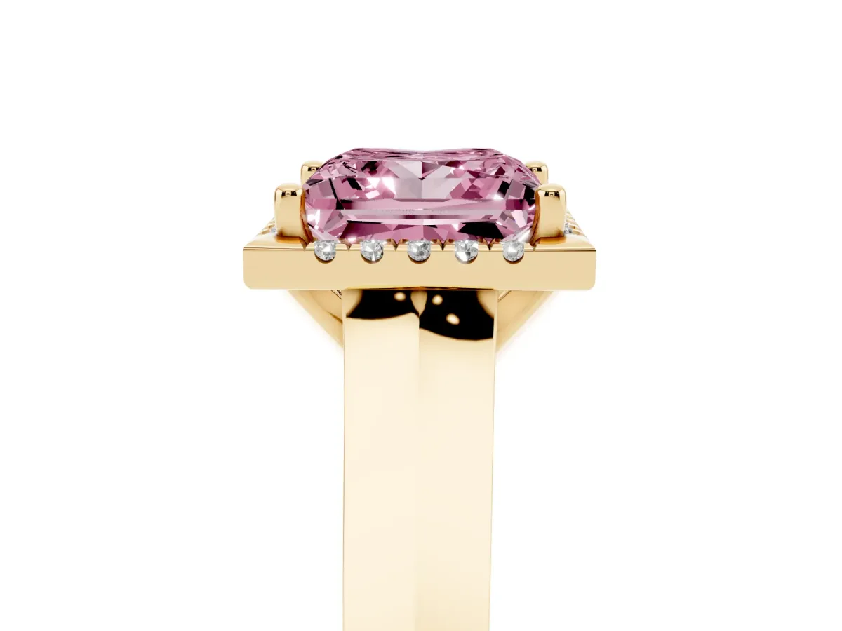 Fancy Pink Princess Cut Halo Diamond Ring with Cathedral Band and Four-Prong Setting Yellow gold