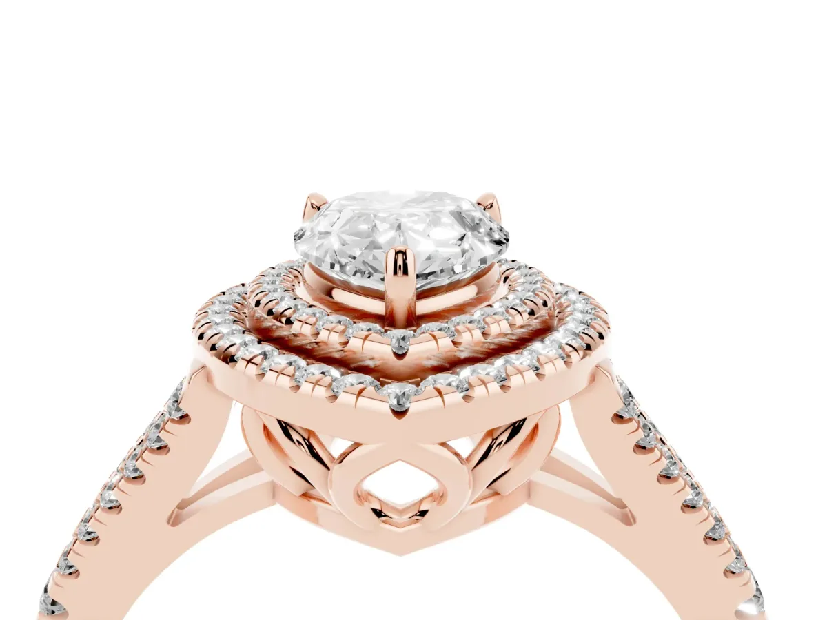 Pear Cut Diamond Double Halo Ring with Pavé Band and Prong Setting Rose gold