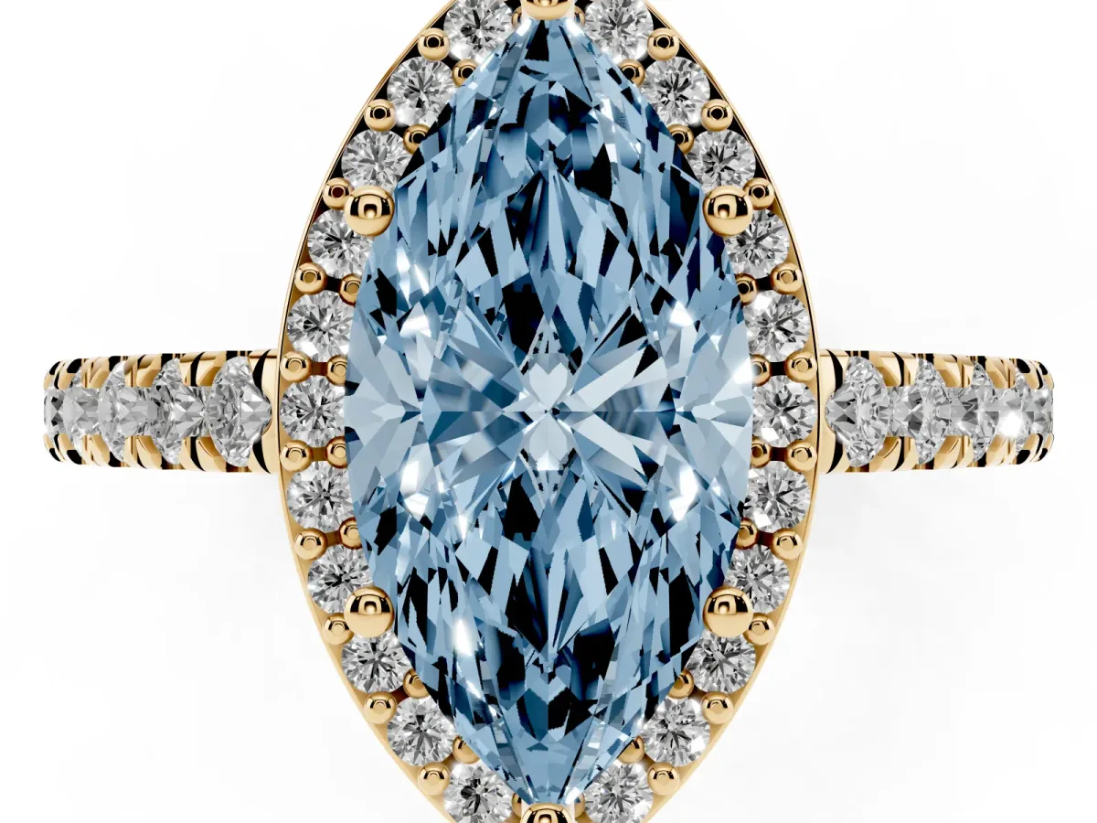 Fancy Blue Marquise Cut Cut Halo Diamond Engagement Ring with Pave Band and Four-Prong Setting Yellow gold