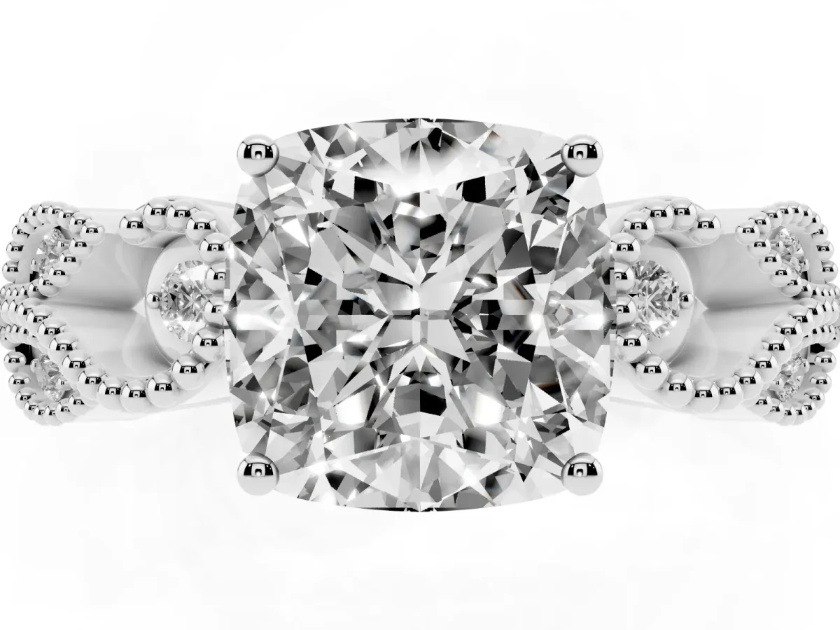 Cushion Cut Solitaire Milgrain Leaf Band with Prong Setting White gold