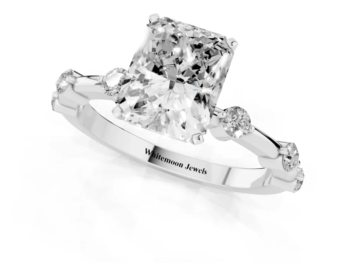Radiant Cut Solitaire Diamond Ring with Bezel Set Side Stones and Prong Setting Platinum