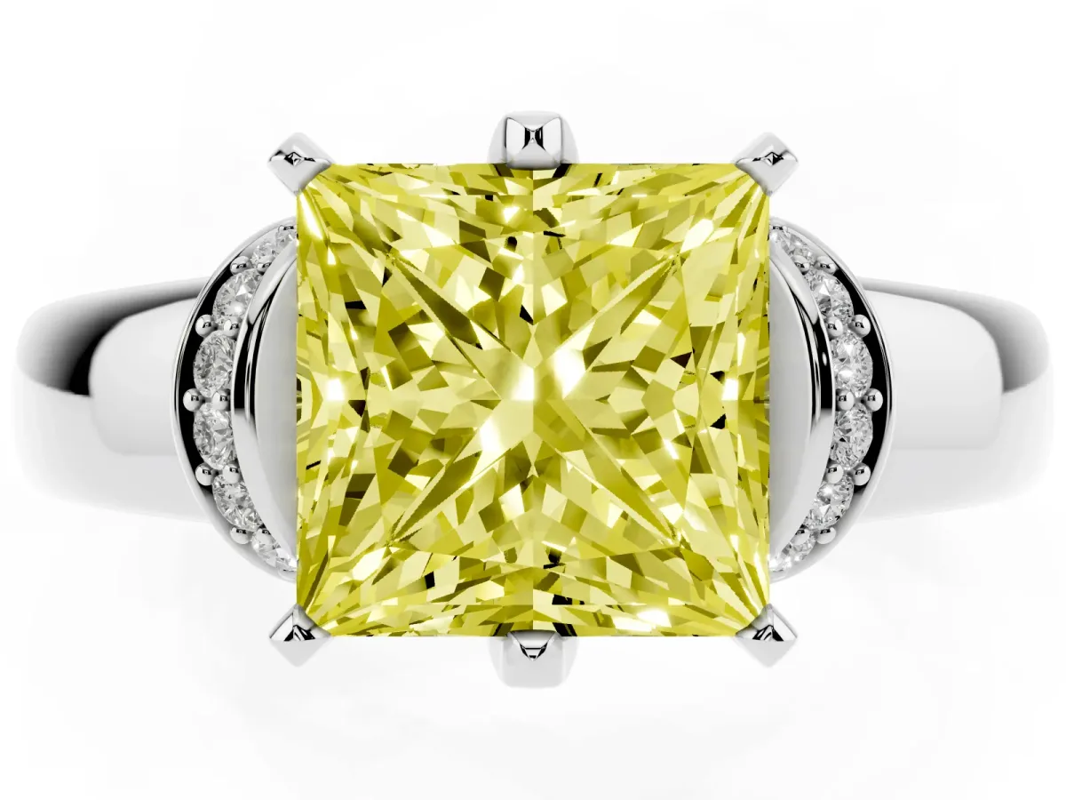 Fancy Yellow Princess Cut Solitaire Diamond Ring with Pave Band and Six-Prong Setting Platinum