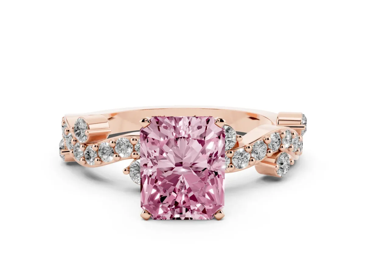 Fancy Pink Radiant Cut Cut Solitaire Diamond Twisted Band with Pave Setting Rose gold