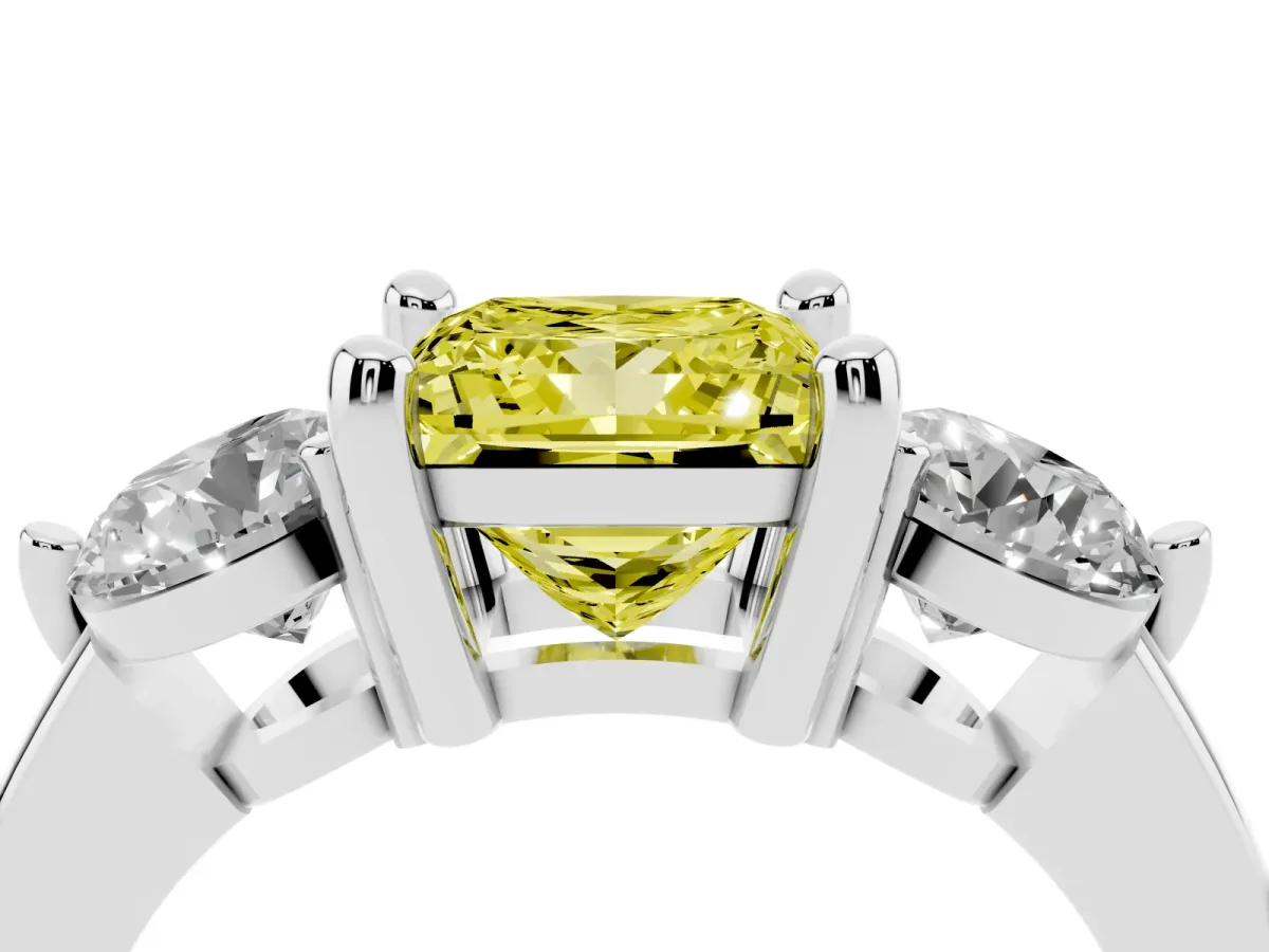 Fancy Yellow Three-Stone Princess Cut Brilliant Cut Solitaire Ring with Prong Setting on a Classic Band Silver