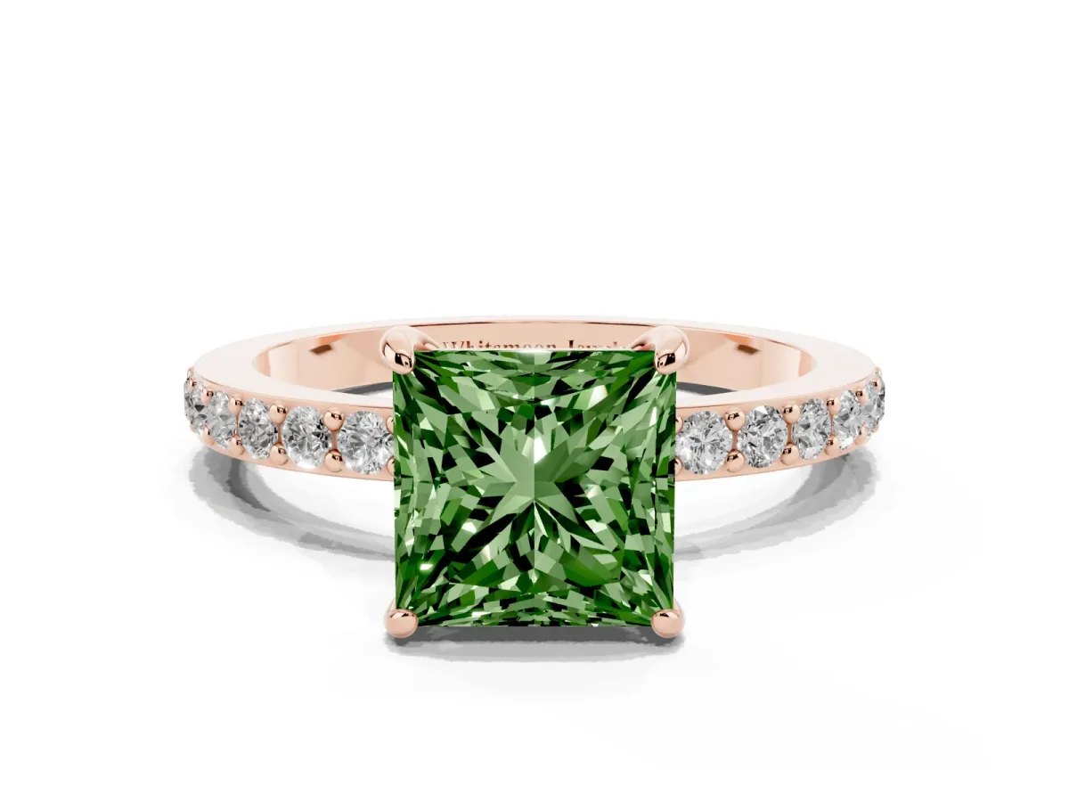 Fancy Green Princess Cut Diamond Pavé Engagement Ring with Round Accents and Prong Setting Rose gold