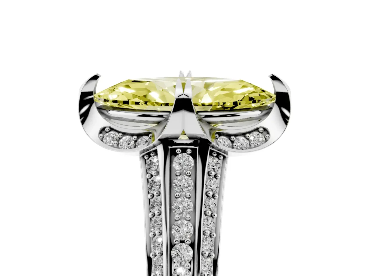 Fancy Yellow Marquise Cut Solitaire Pave Split Shank Ring with Four-Prong Setting Silver
