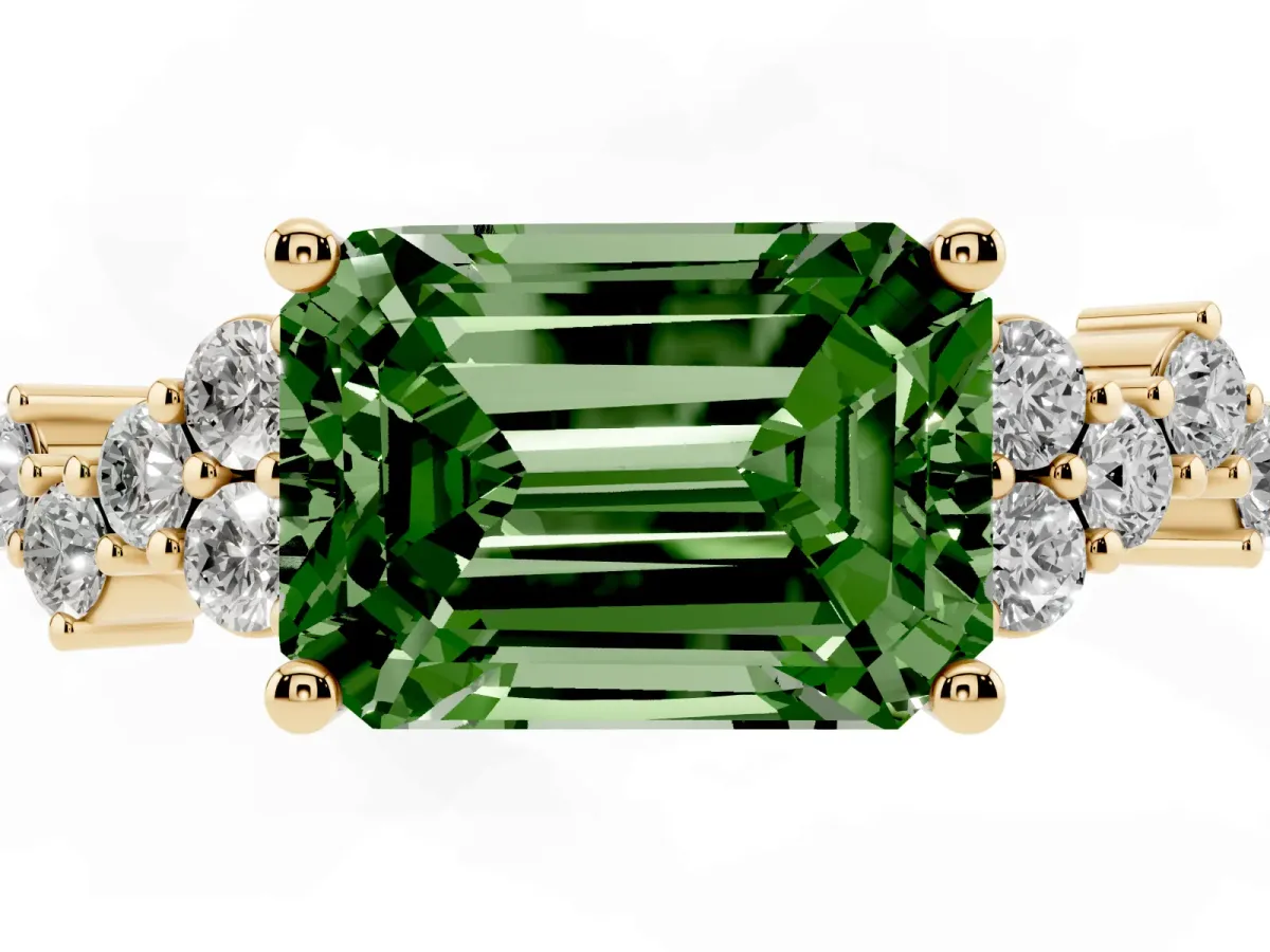 Fancy Green Emerald Cut Diamond Scattered Round Accent Ring with Prong Setting Yellow gold