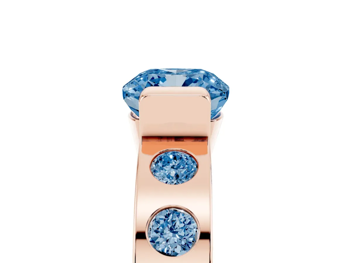 Fancy Blue Cushion Cut Brilliant Channel-Set Diamond Ring with Bezel Prong Setting Rose gold