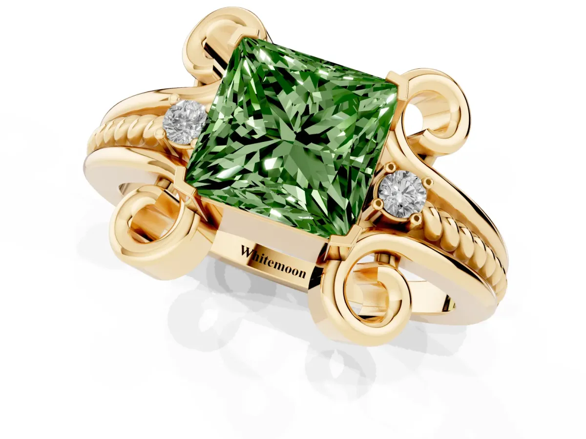 Fancy Green Princess Cut Solitaire Twisted Band Scroll Prong Ring Yellow gold