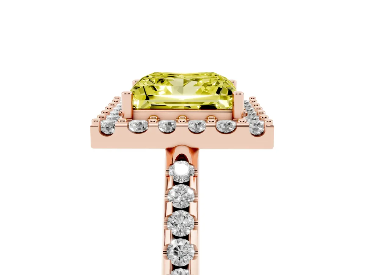 Fancy Yellow Princess Cut Diamond Pavé Halo Ring with Four-Prong Setting Rose gold